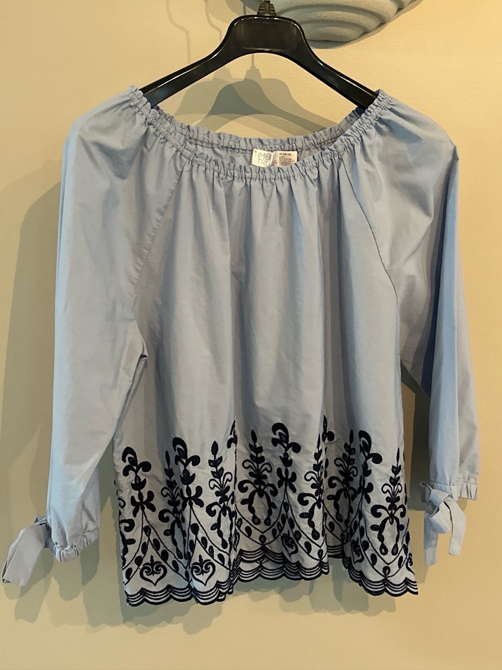 TIME AND TRU BOHO BLOUSE TOP BLUE EMBROIDERY SCALLOPED HEM XL